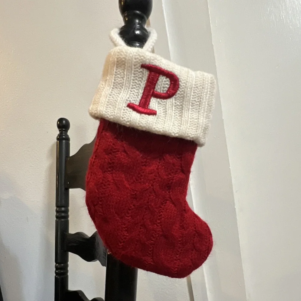 Red White Cable Knit Christmas Stocking with Letter P, 16in Medium Fabric